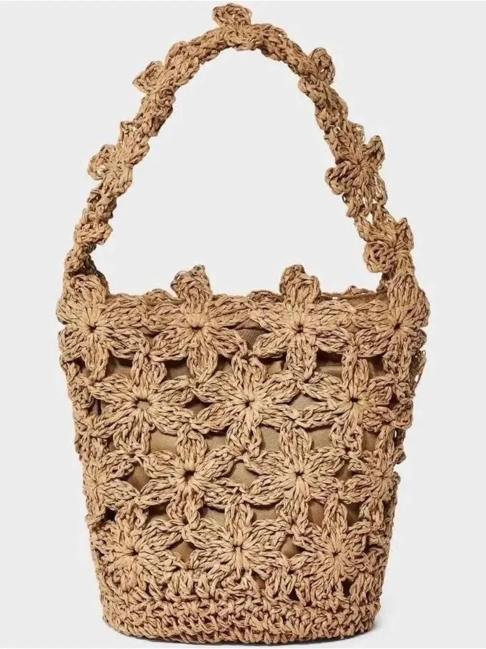 Magnetic Mini Woven Floral Crochet Bucket Bag - Tan